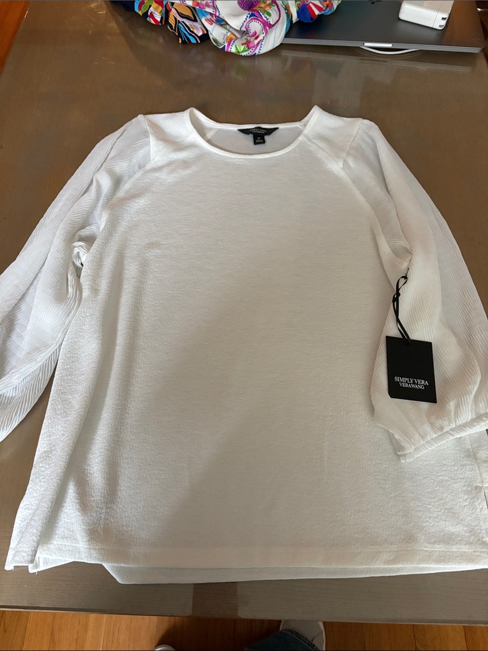 Simply Vera Vera Wang Women's White Long-Sleeve Textured Pullover